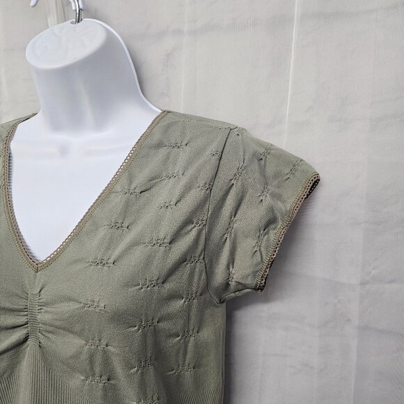 Vintage Olive Green Tee Top Y2K Fairy Twee Crochet Trim Ruched Ribbed Bodycon XL - Picture 4 of 11